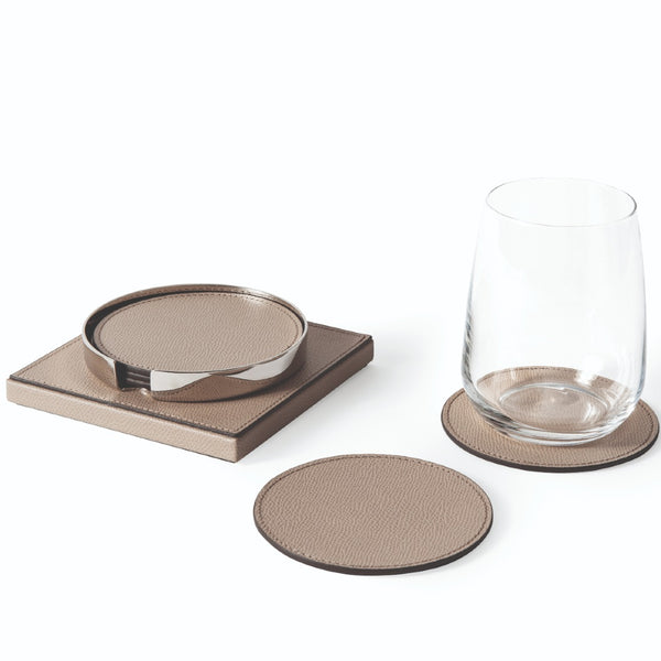 Styled Grained leather coaster set of 6 in taupe by Pinetti with holder, luxury Italian tabletop accessory