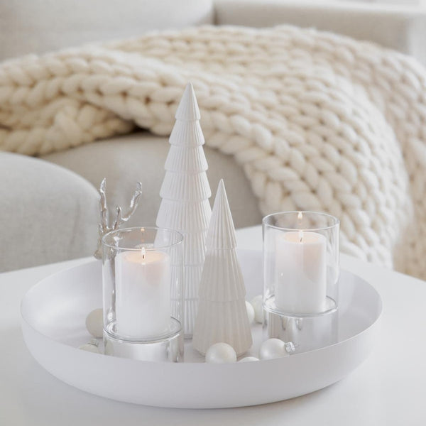 styled coffee table festive Granada hurricane lamp candle holder by Edzard with silver base and glass cylinder