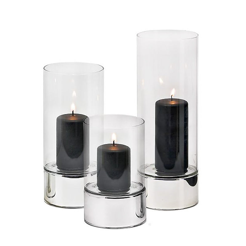 3 sizes of Granada hurricane lamp candle holder by Edzard with silver base and glass cylinder