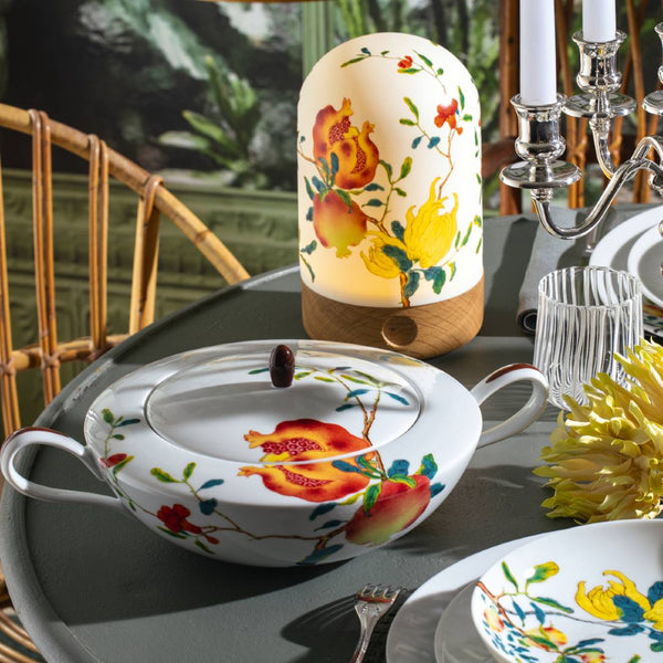 styled dinner table with Raynaud Harmonia multicolour LED photophore lamp with floral porcelain shade and wooden base