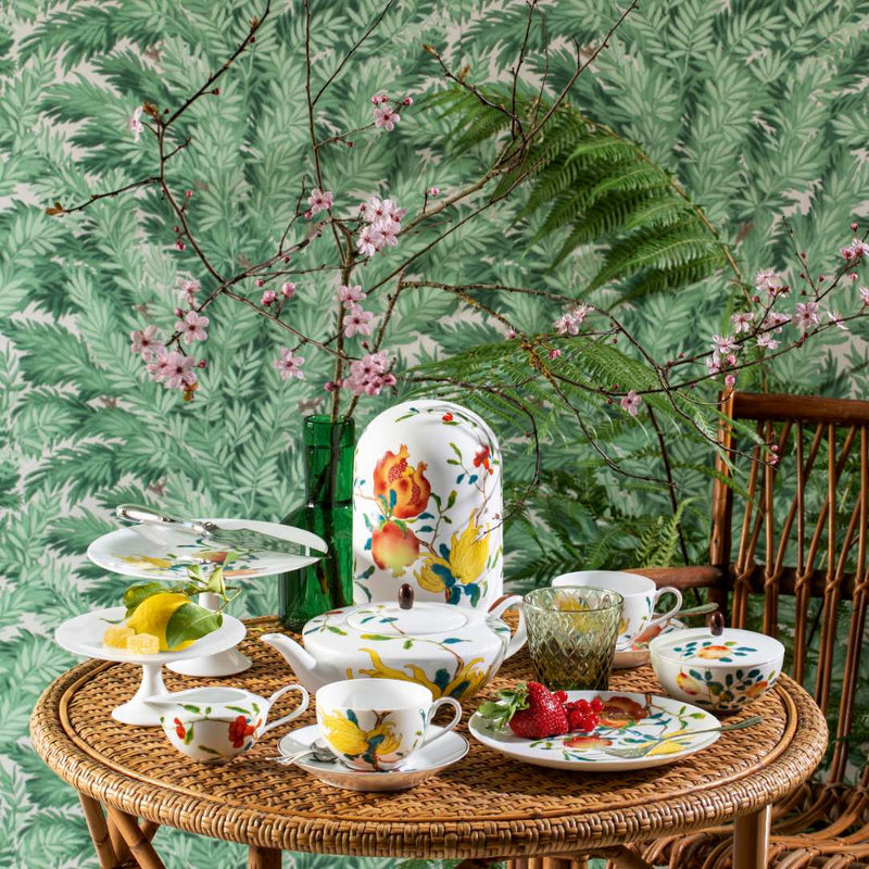 styled outdoor tea time table with Raynaud Harmonia multicolour LED photophore lamp with floral porcelain shade and wooden base
