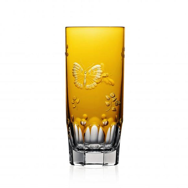 Luxury Highball Glass in Amber Crystal with Butterfly and Leaf Engraving – Springtime by Varga Crystal