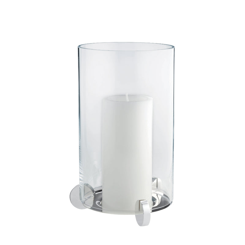 A silver-colored cylindrical hurricane lamp with a base, designed to hold a candle, with the candle included.