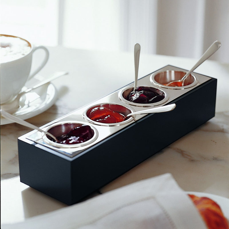 Close-up silver-plated jam and sugar bar by Robbe & Berking with removable inserts
