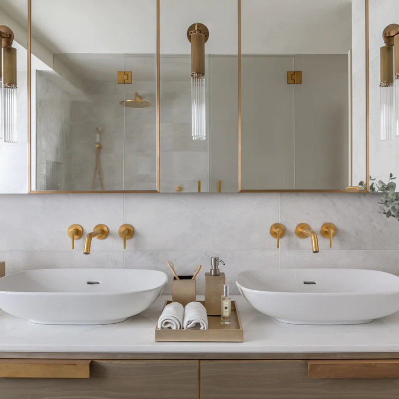 Styled bathroom with Medium Kensington tray in silver leaf champagne by Posh Trading Company