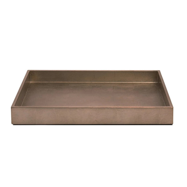 A medium-sized tray in silver leaf taupe color with matte lacquer finish, suitable for bathroom accessories.