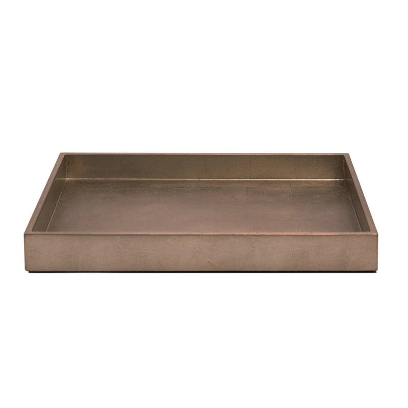 A medium-sized tray in silver leaf taupe color with matte lacquer finish, suitable for bathroom accessories.