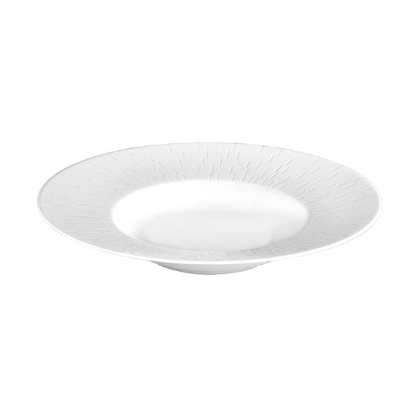 A white porcelain bowl with a modern and timeless engraving pattern.