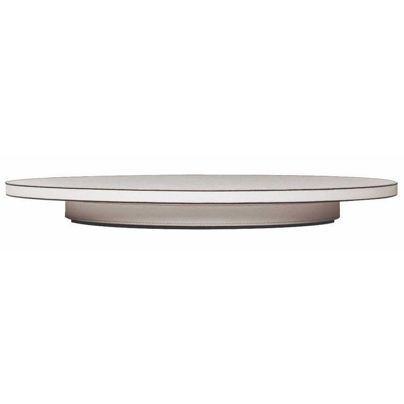 Side view of the Jupiter round leather Lazy Susan tray by Giobagnara in light beige, fully leather-clad rotating serving tray.