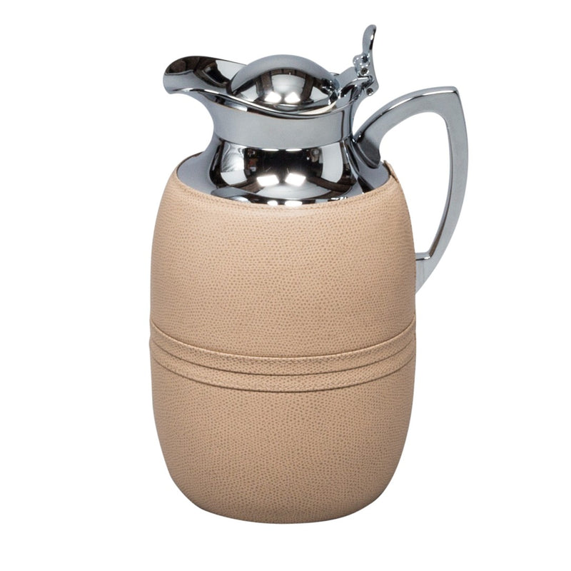 Luxury 1 L insulated carafe Villandry in Cappuccino by Pigment France, crafted in chrome-plated brass and Golf calfskin leather – refined Italian design.