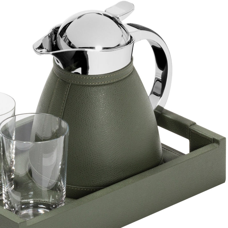 Close-up of Leather tray set Beaubourg with Chantilly 0.6L carafe and two glasses by Pigment France in Loden Green