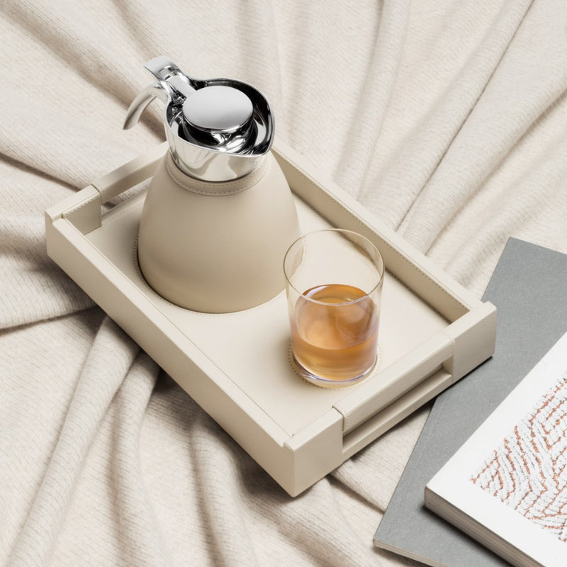 Styled bed with 'Beaubourg' Tray Set with Water Carafe 'Vincennes' 0.6L, 1 Glass filled with drink & Tray by Pigment France