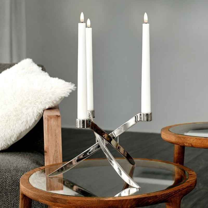 styled silver candle holder with three Set of 2 LED taper candles in White by Uyuni Lighting with realistic flame effect