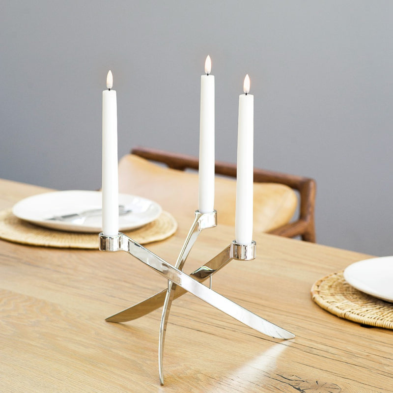 styled table with Set of 2 LED taper candles in White by Uyuni Lighting with realistic flame effect