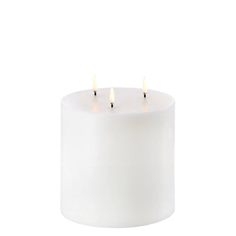LED triple flame candle 15cm x 15cm in Nordic White by Uyuni Lighting, wide pillar design