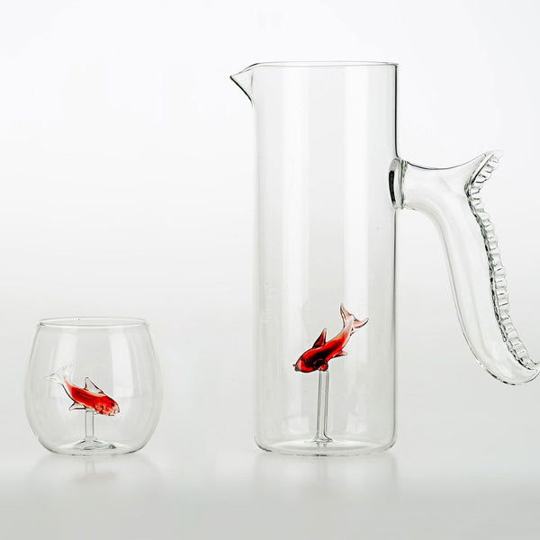 Venetian Murano-style jug and glass with red fish detail handmade in Venice by Casa Rialto