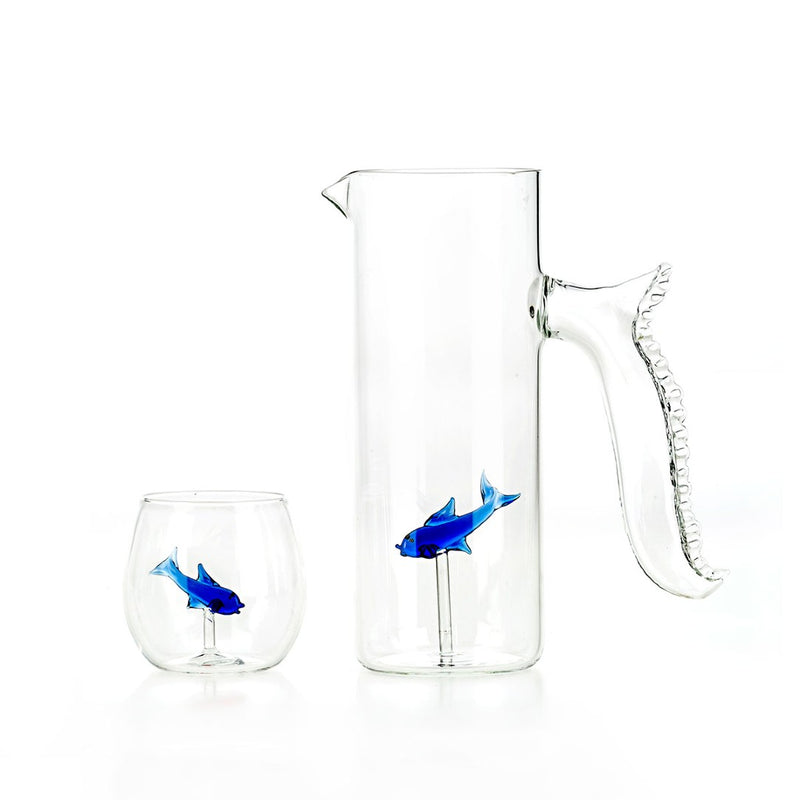 Styled Handmade luxury glassware set with blue fish motif – Little Fish Collection by Casa Rialto