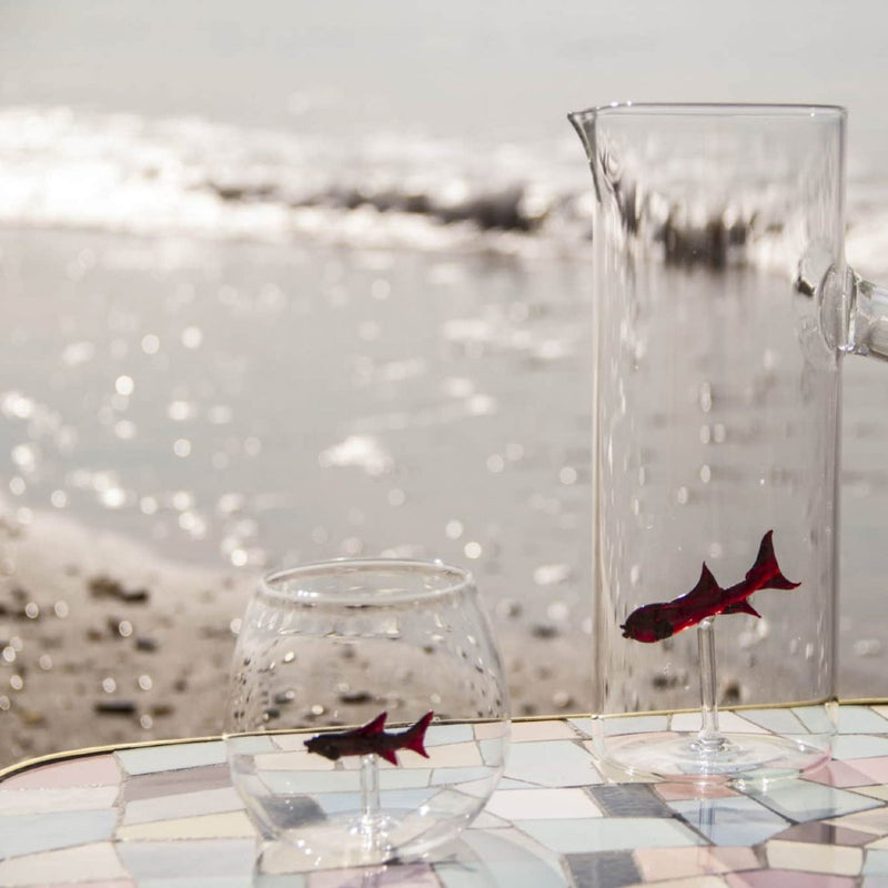 Little Fish round glass tumbler handmade in Venice by Casa Rialto with red fish inside