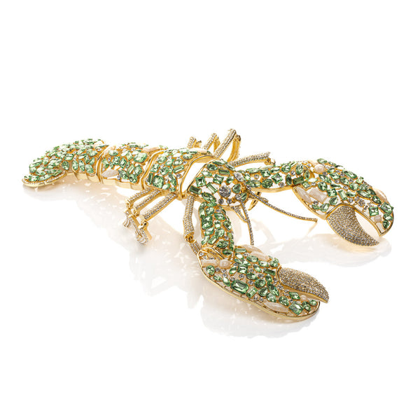 Bejewelled lobster figurine with green crystals and gold trim