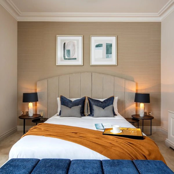 Styled bedroom featuring the Medium London tray in gold leaf by Posh Trading Company
