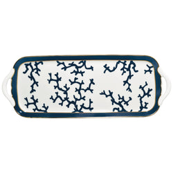 A rectangular porcelain serving platter with blue coral branch patterns and gold-plated edges, from the Cristobal Marine collection.