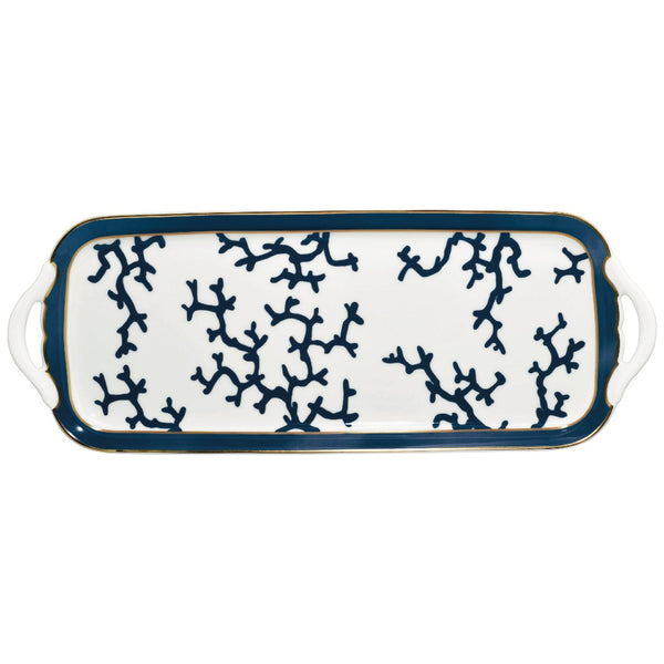 A rectangular porcelain serving platter with blue coral branch patterns and gold-plated edges, from the Cristobal Marine collection.