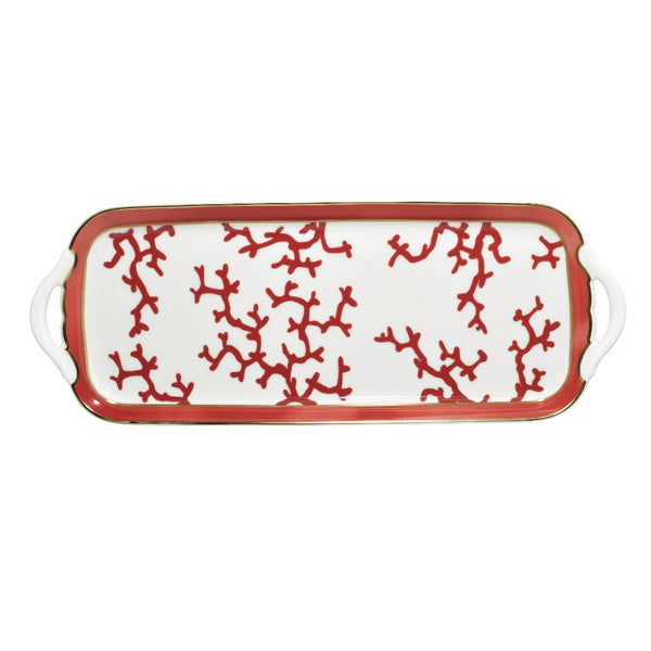 Luxury porcelain long cake serving platter 40cm Cristobal Rouge red coral motif with gold rim by Raynaud