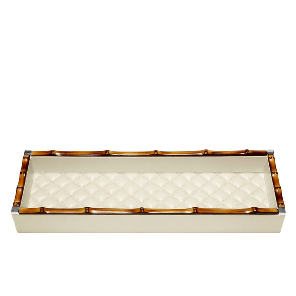 Long Rectangular Valet Tray 'Bice Diamonds' with Bamboo Trim in Ivory