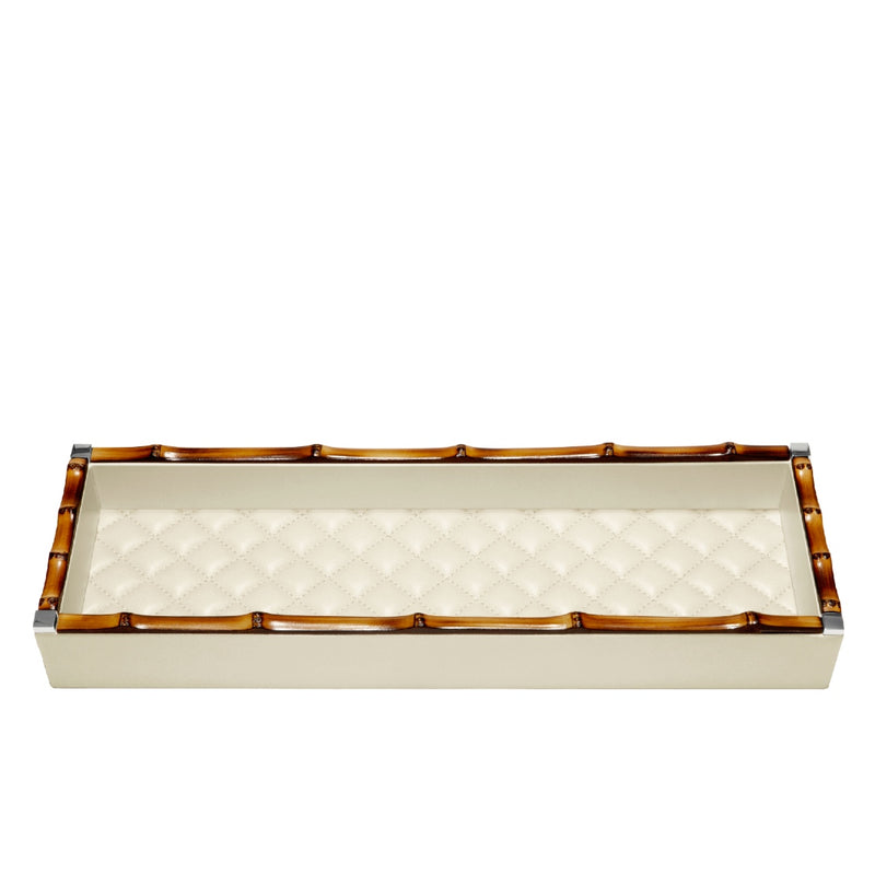 Long Rectangular Valet Tray 'Bice Diamonds' with Bamboo Trim in Ivory