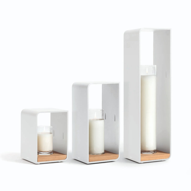 Lumo all three sizes rechargeable outdoor lantern in white with Iroko wood base and LED lighting by Manutti