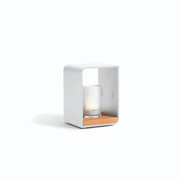 A white rechargeable electric flame effect outdoor lantern with a clear glass tube and wooden elements, on a white background.