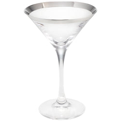 A clear crystal cocktail glass with a silver lining, featuring a hand-painted design with liquid silver on the glass.