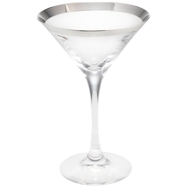 A clear crystal cocktail glass with a silver lining, featuring a hand-painted design with liquid silver on the glass.