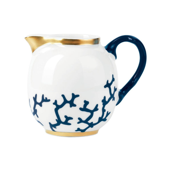 Milk Jug Cristobal Marine porcelain by Raynaud with marine blue coral motifs, gold accents, and deep blue handle