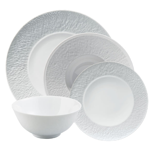 Minéral White 16-piece porcelain dinnerware set by Raynaud, matte and glossy finish