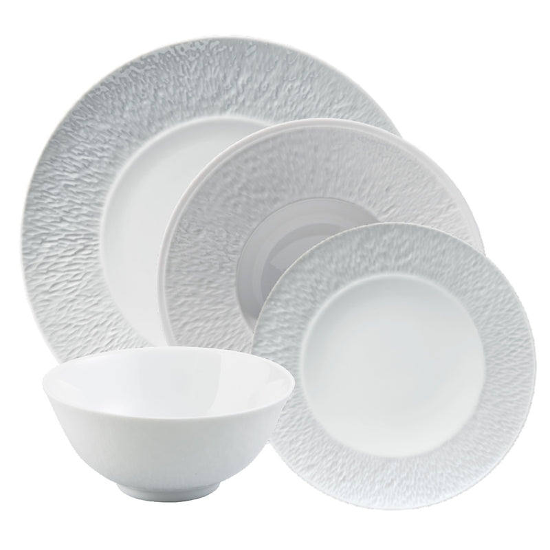 Minéral White 16-piece porcelain dinnerware set by Raynaud, matte and glossy finish