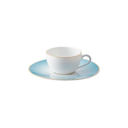 Moka Cup and Saucer Aura by Raynaud in fine Limoges porcelain with golden rim and blue scalloped accents.