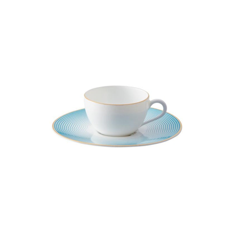 Moka Cup and Saucer Aura by Raynaud in fine Limoges porcelain with golden rim and blue scalloped accents.