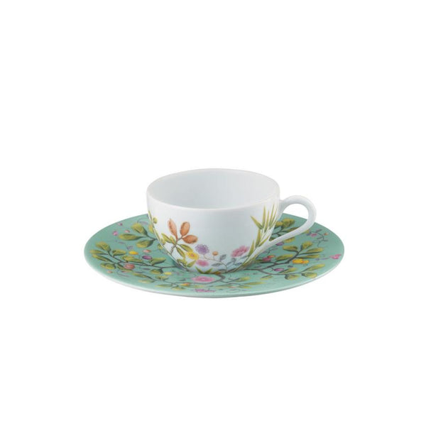 moka cup and saucer in white and turquoise base with floral design