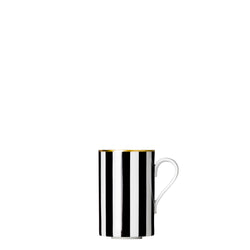 A porcelain mug from my china ca d oro collection with vertical black and white stripes and gold rim by sieger furstenberg