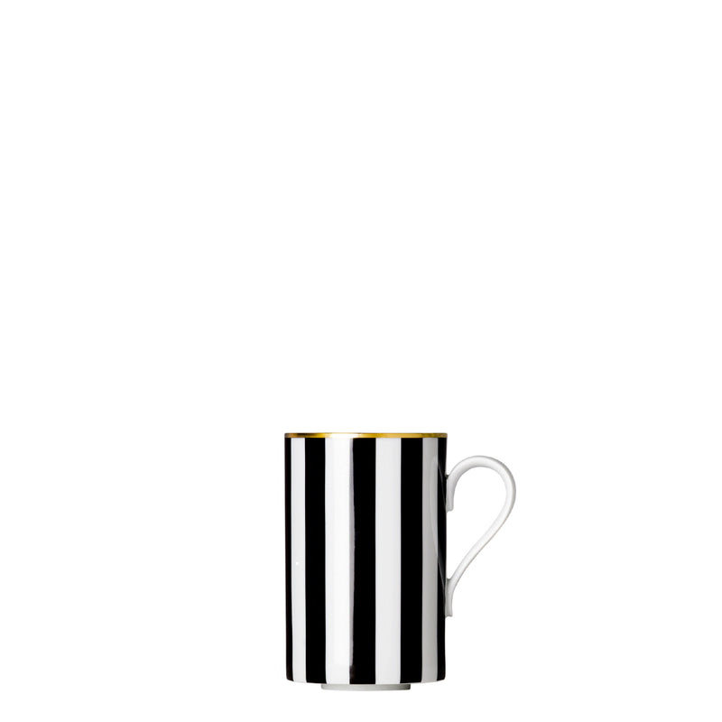 A porcelain mug from my china ca d oro collection with vertical black and white stripes and gold rim by sieger furstenberg