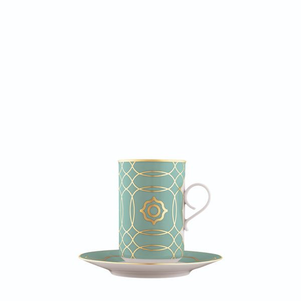 Mug Carlo Este by FÜRSTENBERG in fine porcelain with gold and green mosaic-inspired design by Carlo Dal Bianco, featuring a classic handle.