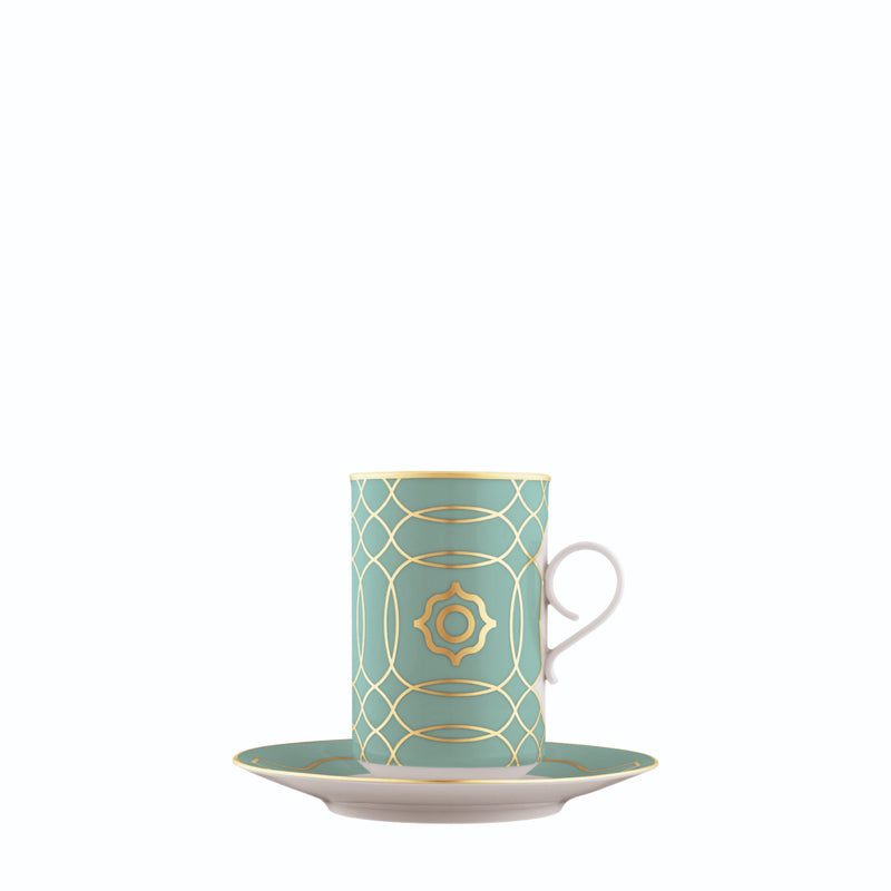 Mug Carlo Este by FÜRSTENBERG in fine porcelain with gold and green mosaic-inspired design by Carlo Dal Bianco, featuring a classic handle.