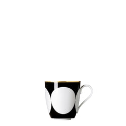 Porcelain coup shaped mug from my china ca d oro collection with black background white circular motif and gold rim by sieger furstenberg