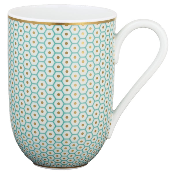 Raynaud Trésor turquoise porcelain mug with gold-accented honeycomb design