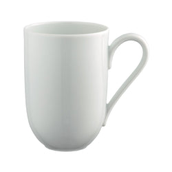 A white porcelain mug with a handle on the right side, presented against a plain background.