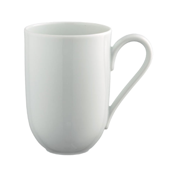 A white porcelain mug with a handle on the right side, presented against a plain background.