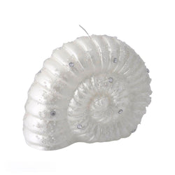 Large Nautilus glitter candle in white and silver by EDG, sculptural festive shell design