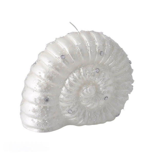 Large Nautilus glitter candle in white and silver by EDG, sculptural festive shell design