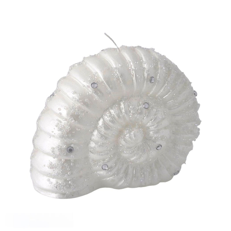 Large Nautilus glitter candle in white and silver by EDG, sculptural festive shell design